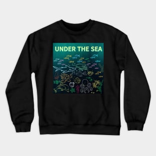 under the sea,blue sea,sea creatures,Turtle, puffer fish, starfish, shrimp, shark, tropical fish, sea horse, seaweed, sardines, squid, crabs, clams Crewneck Sweatshirt